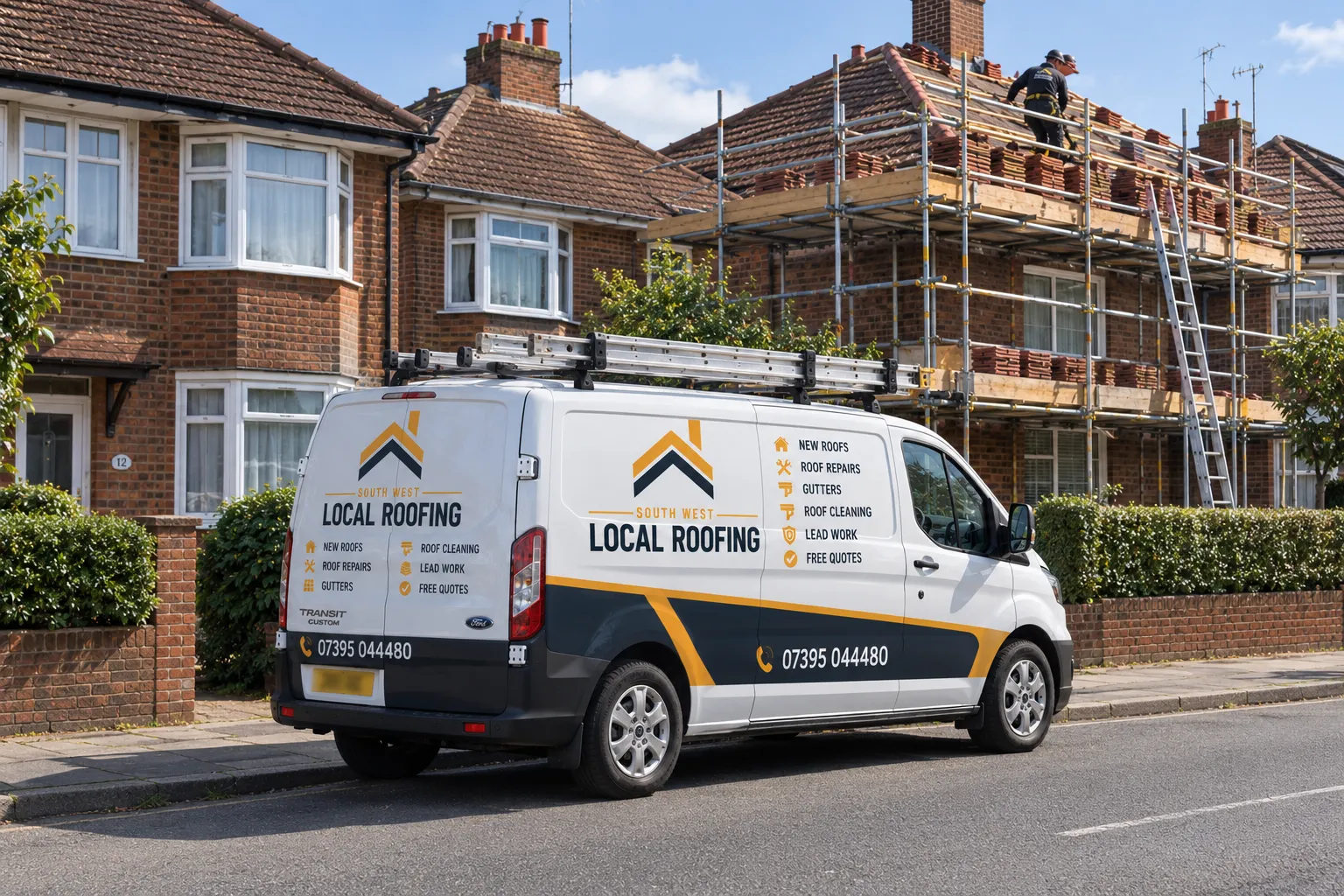 South West Local Roofing van parked at the kerb outside a house being re-roofed, with 07395 044480 on the side