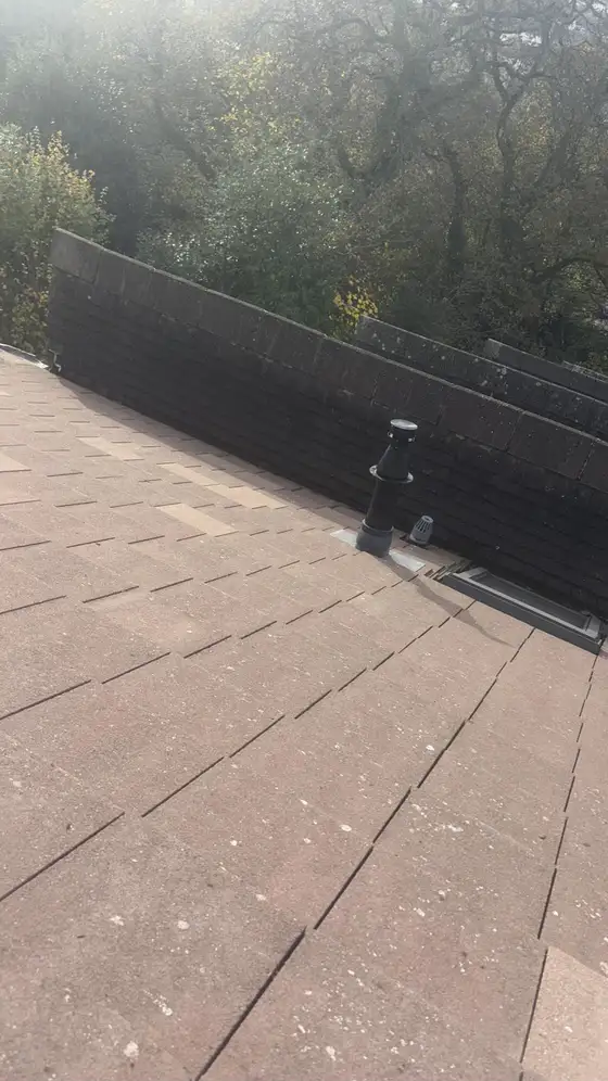 Roof deck area with railings and treetops beyond