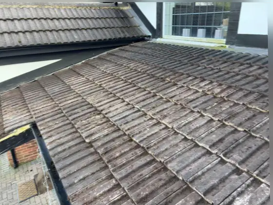 Tiled roof beside a dormer window part way through cleaning