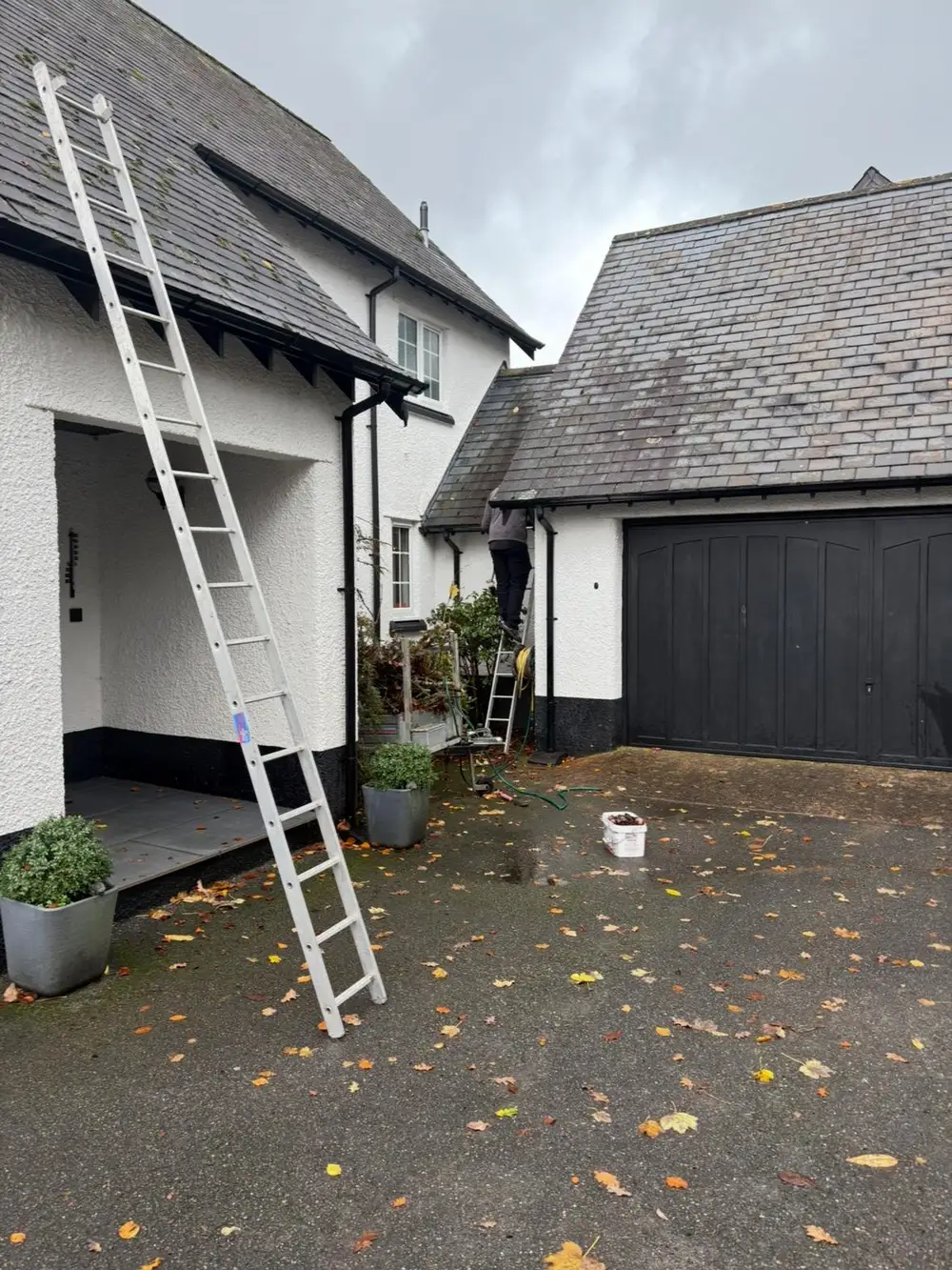 Ladder set up against a white cottage for gutter work