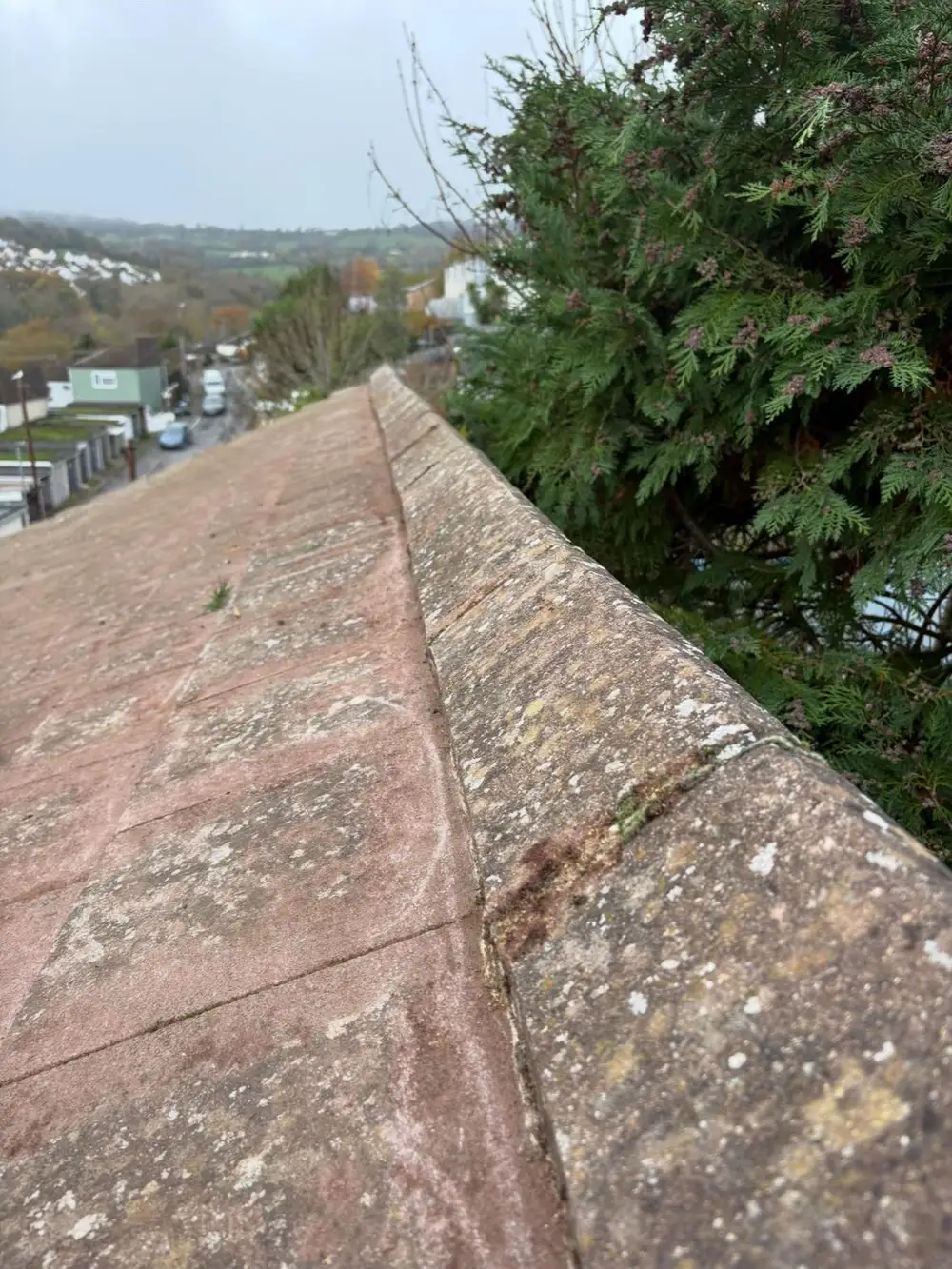 Hip ridge line on a red tiled roof with countryside behind