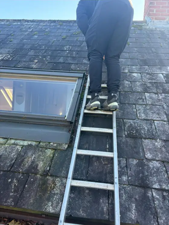 Roofer on a roof ladder beside a roof window on a slate roof